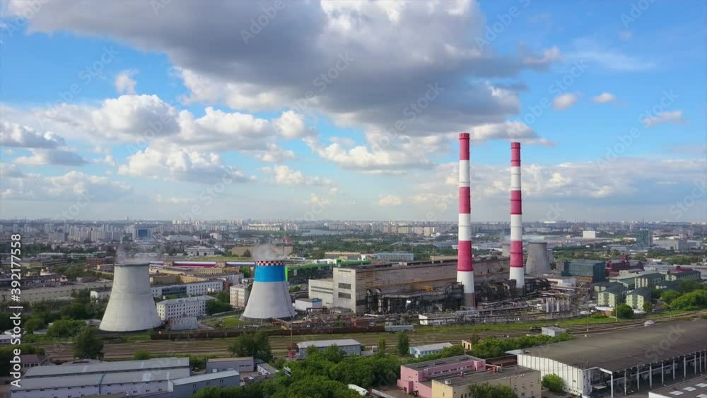 sunny day moscow industrial factory tubes cityscape aerial flight over panorama 4k russia sunny day moscow industrial factory tubes cityscape aerial flight over panorama 4k russia