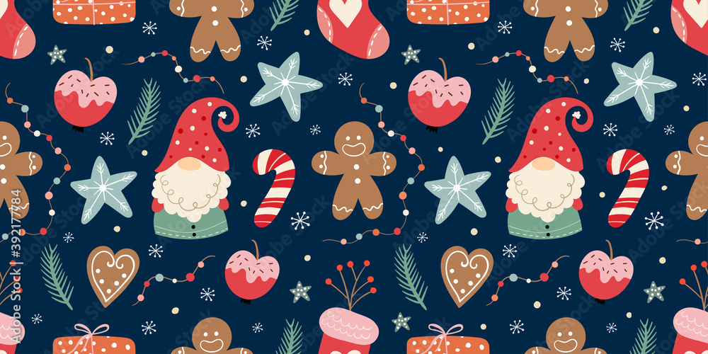 Christmas seamless pattern with gnomes, gingerbread, candies and decoration, winter seasonal design - obrazy, fototapety, plakaty 