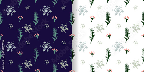 Christmas patterns set with pine branches and snowflakes, winter design