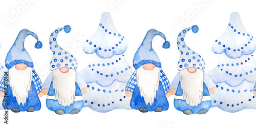 Watercolor hand drawn seamless horizontal border of Christmas nordic scandinavian fairy gnome. Design for new year cards invitations in neutral elctric blue grey. Christmas tree ornament cartoon.
