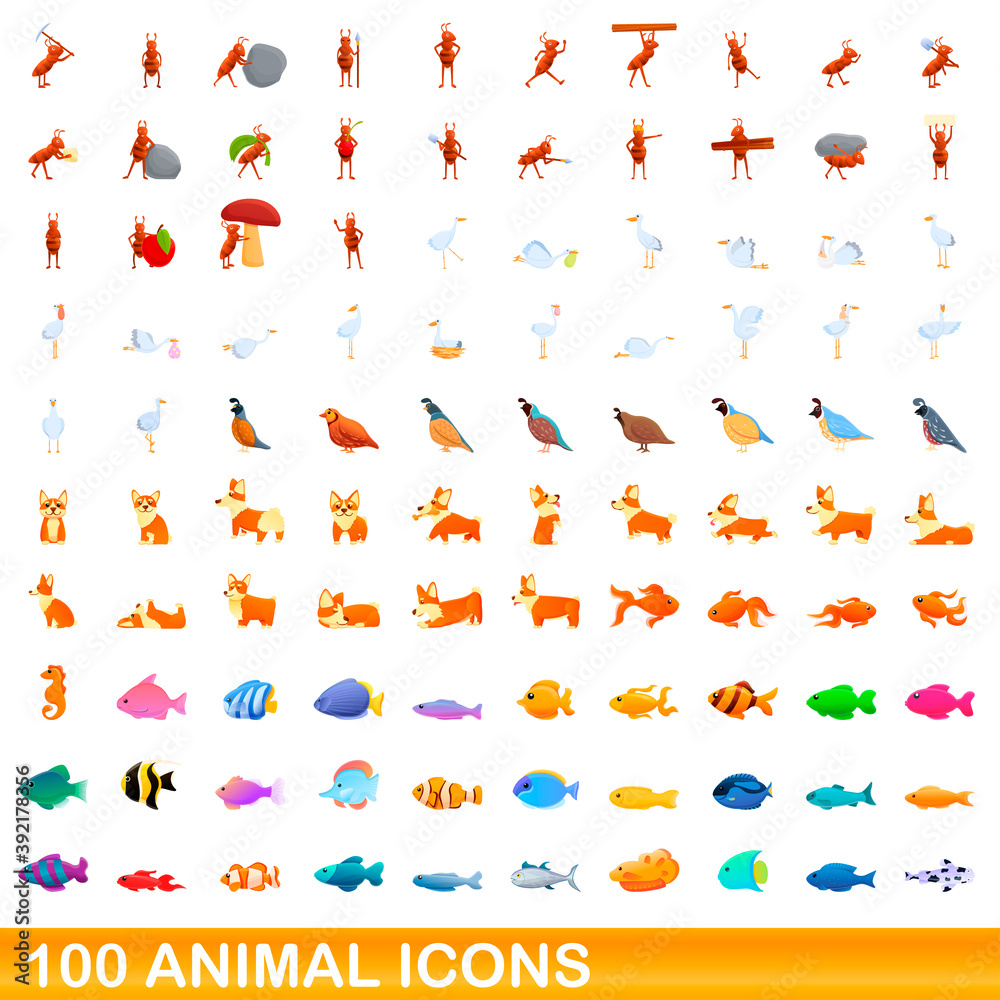 100 animal icons set. Cartoon illustration of 100 animal icons vector set isolated on white background