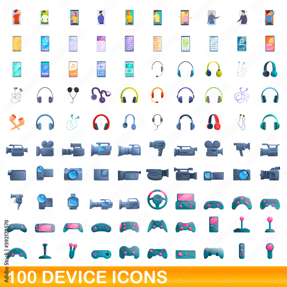 100 device icons set. Cartoon illustration of 100 device icons vector set isolated on white background 100 device icons set. Cartoon illustration of 100 device icons vector set isolated on white background