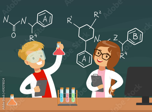 Children Chemist Scientists Characters Experimenting with Mixing Chemicals at Chemistry Lesson Cartoon Vector Illustration