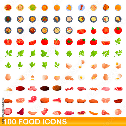 100 food icons set. Cartoon illustration of 100 food icons vector set isolated on white background