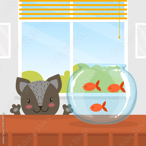 Cute Funny Cat Looking at Fishes in Aquarium Cartoon Vector Illustration