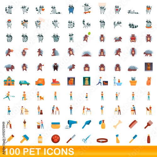 100 pet icons set. Cartoon illustration of 100 pet icons vector set isolated on white background