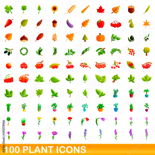 100 plant icons set. Cartoon illustration of 100 plant icons vector set isolated on white background