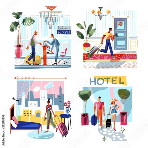 Hotel scenes in city illustration set. People traveling and staying at hotel with luggage. Happy holiday vacation vector. Tourist at reception counter, woman in room, family in hall