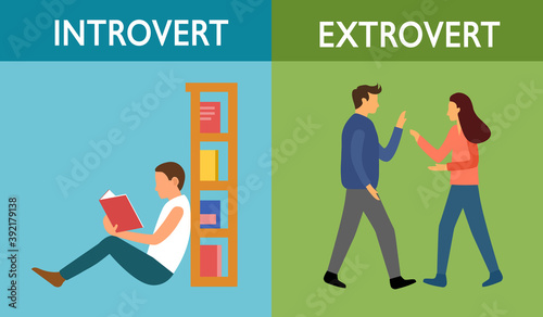 Introvert and extrovert personality character concept vector illustration. Introvert man enjoy reading book alone. Extrovert people are talkative and enjoy meeting new people.