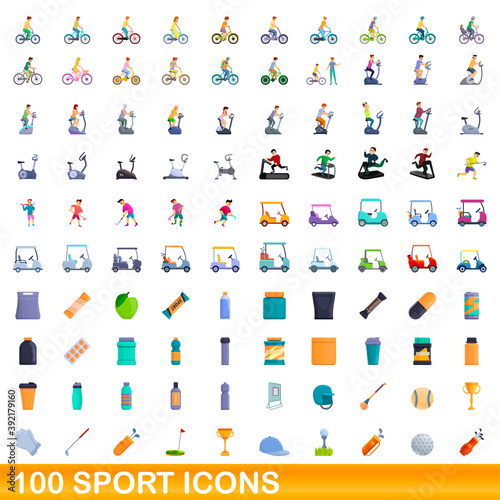 100 sport icons set. Cartoon illustration of 100 sport icons vector set isolated on white background