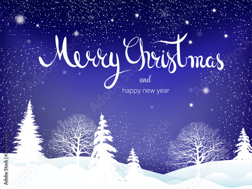 Merry Christmas and New Year winter holiday background. Season night landscape with snowflakes. Vector illustration for card design.