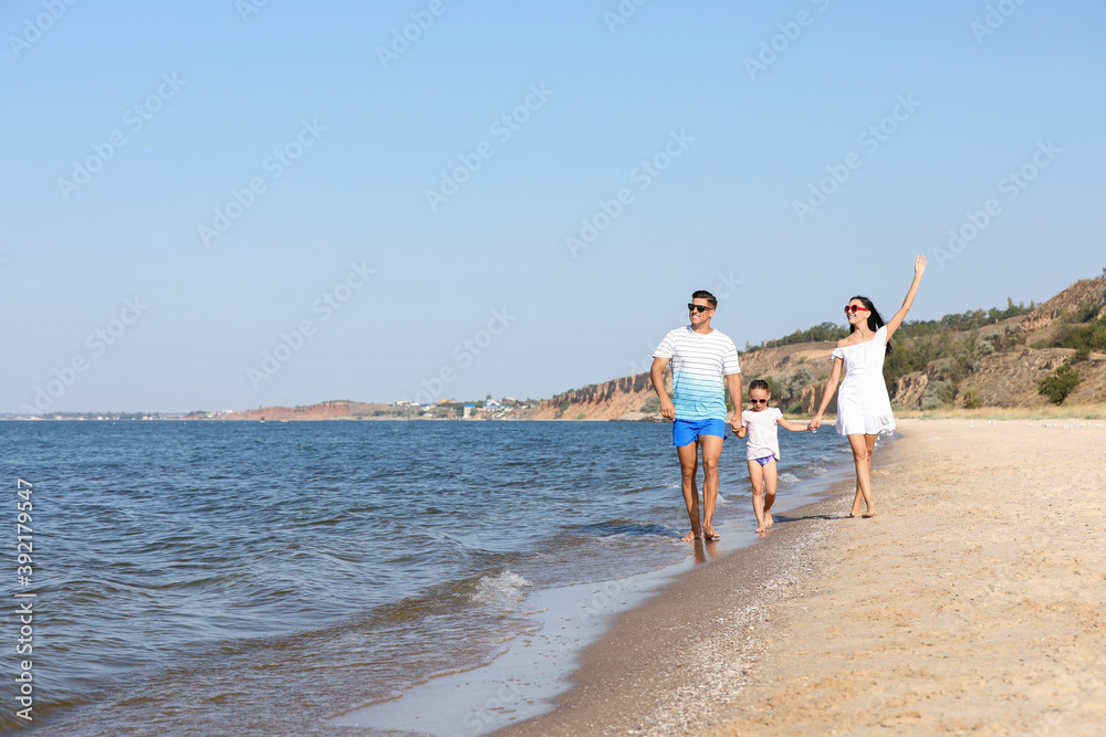 Happy family walking on sandy beach near sea, space for text. Summer holidays