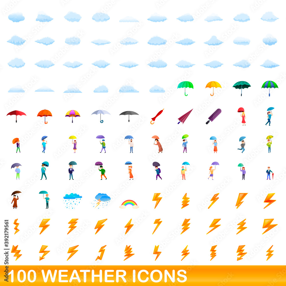 100 weather icons set. Cartoon illustration of 100 weather icons vector set isolated on white background