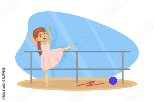 Little Ballerina Girl Dancing Wearing Pink Tutu Dress Cartoon Vector Illustration
