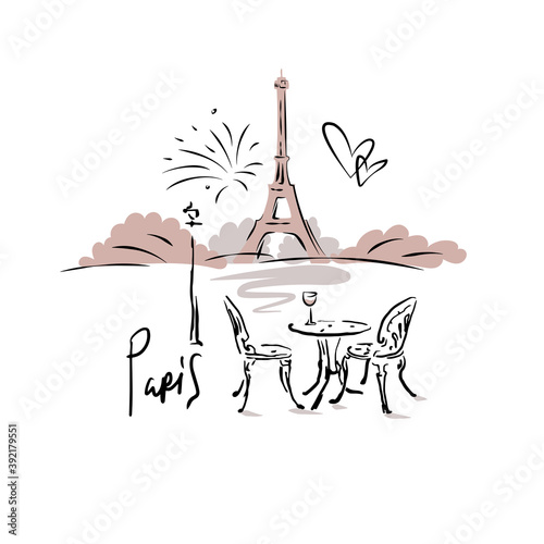 Hand-drawn sketch. Two chairs and wineglass on the table, silhouette of Eiffel Tower on skyline. Lettering Paris. Romantic scene. European city landscape. Vacation postcard. Stock vector illustration