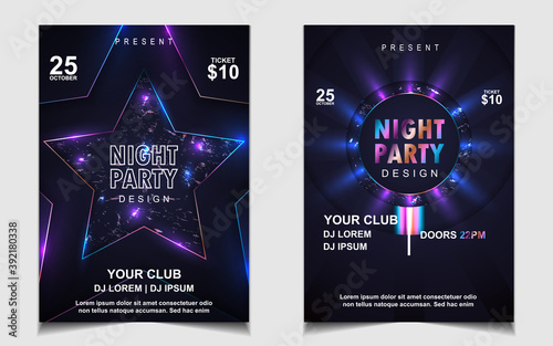 Music poster and flyer design background template with colorful disco light on dark background. Vector layout graphic for cover club night invitation, electro dance event, festival party banner