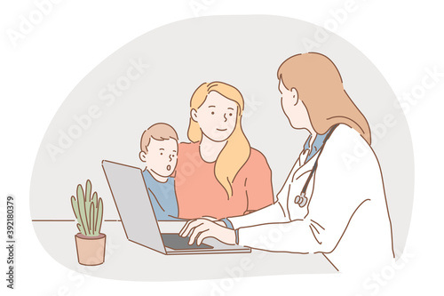 Paediatrician, medicare, health examination concept. Young woman doctor cartoon character talking to mother and son in medical clinic during consultation and typing prescription on laptop illustration