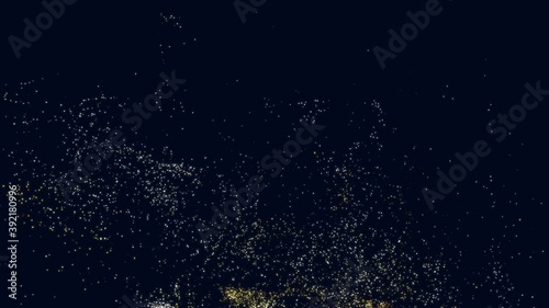 a voluminous swarm of yellow lights flies out from the bottom of the screen, dances against a dark background and flies back