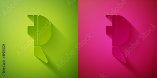 Paper cut Fencing helmet mask icon isolated on green and pink background. Traditional sport defense. Paper art style. Vector Illustration.