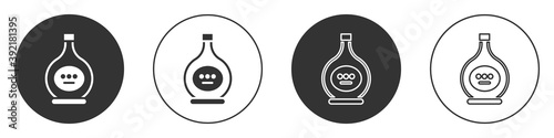 Black Bottle of cognac or brandy icon isolated on white background. Circle button. Vector Illustration.