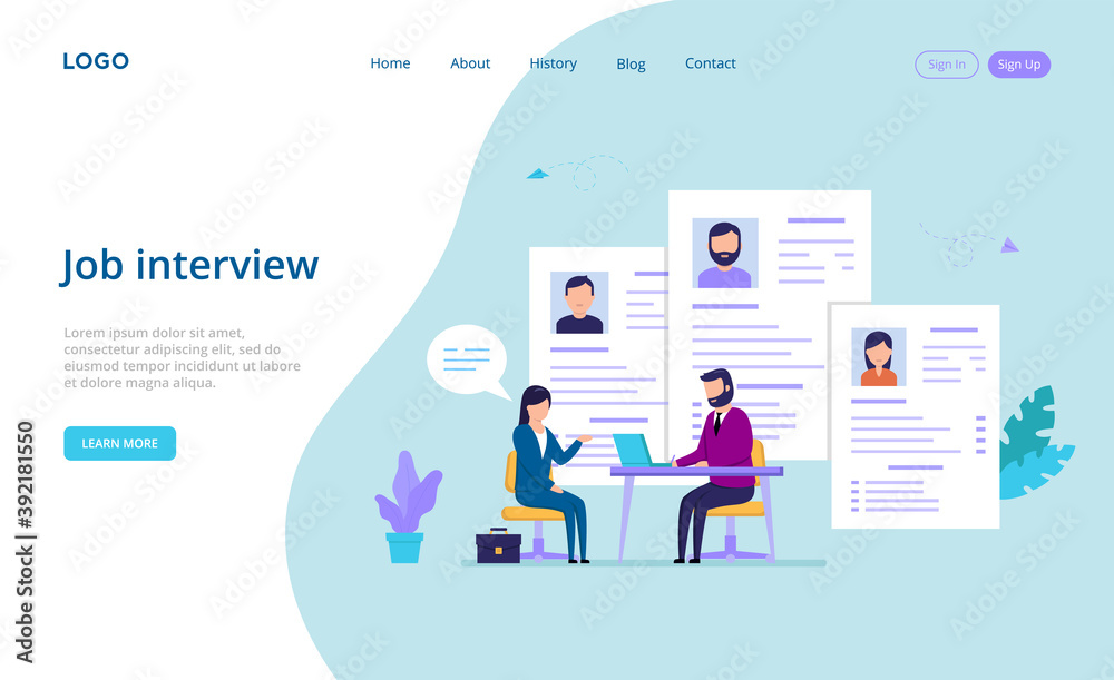 Cartoon Composition In Flat Style. Vector Illustration Of Job Interview Concept. Male Interviewer Talking With Female Candidate Sitting At Table In Office Atmosphere. Big Resume Paper Sheets Behind Cartoon Composition In Flat Style. Vector Illustration Of Job Interview Concept. Male Interviewer Talking With Female Candidate Sitting At Table In Office Atmosphere. Big Resume Paper Sheets Behind