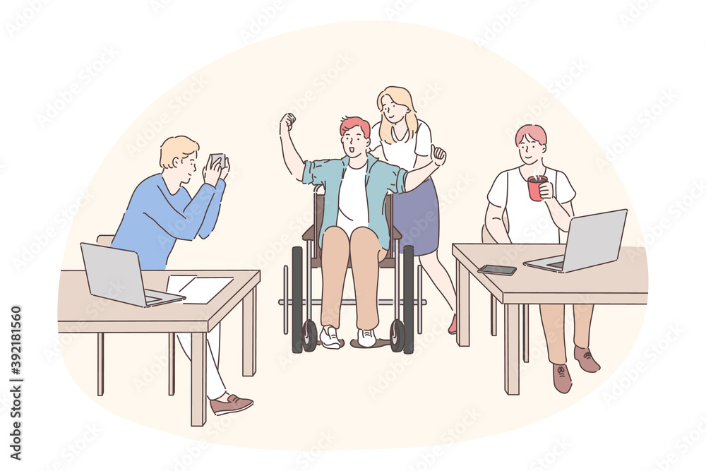 Disabled people on wheelchair living happy active lifestyle concept. Young business partners office workers cartoon characters supporting colleague boy in wheelchair in office 