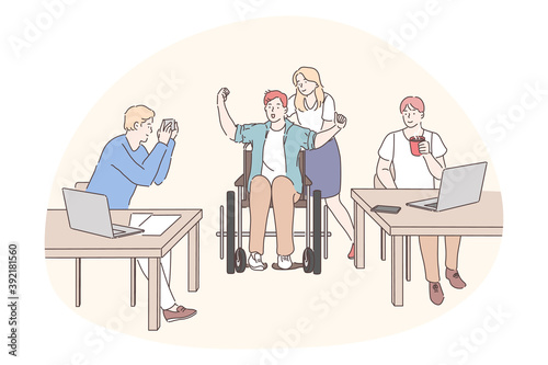 Disabled people on wheelchair living happy active lifestyle concept. Young business partners office workers cartoon characters supporting colleague boy in wheelchair in office 