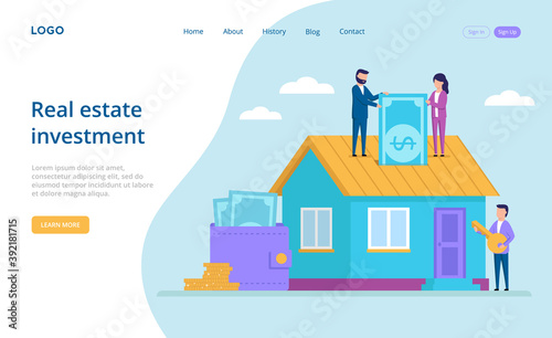 Vector Illustration Of People Investing Money In Real Estate. Small Characters Putting Banknote In House, Man Holding Key. House Loan, Property Mortgage Concept Composition In Cartoon Flat Style