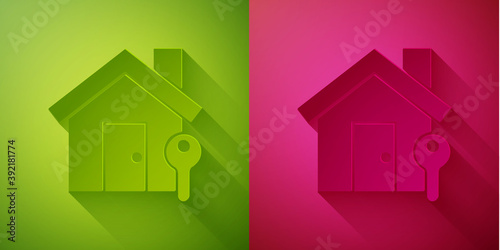 Paper cut House with key icon isolated on green and pink background. The concept of the house turnkey. Paper art style. Vector Illustration.