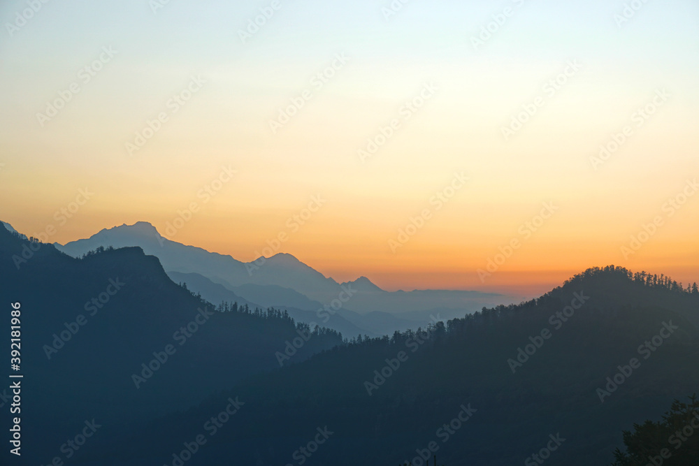 Annapurna mountain with sunrise on himalaya rang mountain in the morning seen from Poon Hill, Nepal - Blue Nature view  