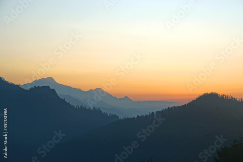 Annapurna mountain with sunrise on himalaya rang mountain in the morning seen from Poon Hill, Nepal - Blue Nature view 
