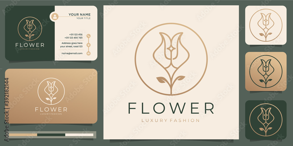 flower roses line art style.luxury circle, beauty salon, fashion, skincare, cosmetic, nature and spa products.logo and business card template. Premium Vector