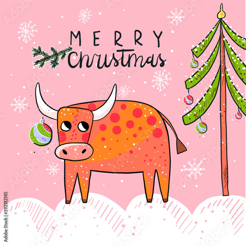 vector illustration, poster for the new year of the bull. Symbol of the year with New Year's attributes and Christmas tree decorations. Calligraphic inscription.