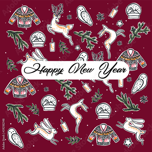Vector set of New Year and Christmas stickers for the holiday. Sweater, cozy candles and fir branches with winter forest animals