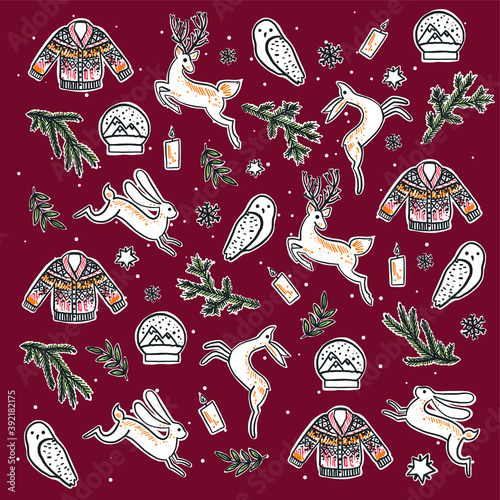 Vector set of New Year and Christmas stickers for the holiday. Sweater, cozy candles and fir branches with winter forest animals