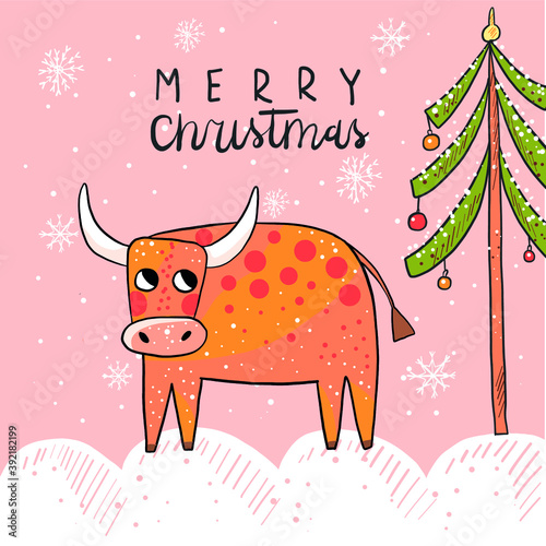 vector illustration, poster for the new year of the bull. Symbol of the year with New Year's attributes and Christmas tree decorations. Calligraphic inscription.