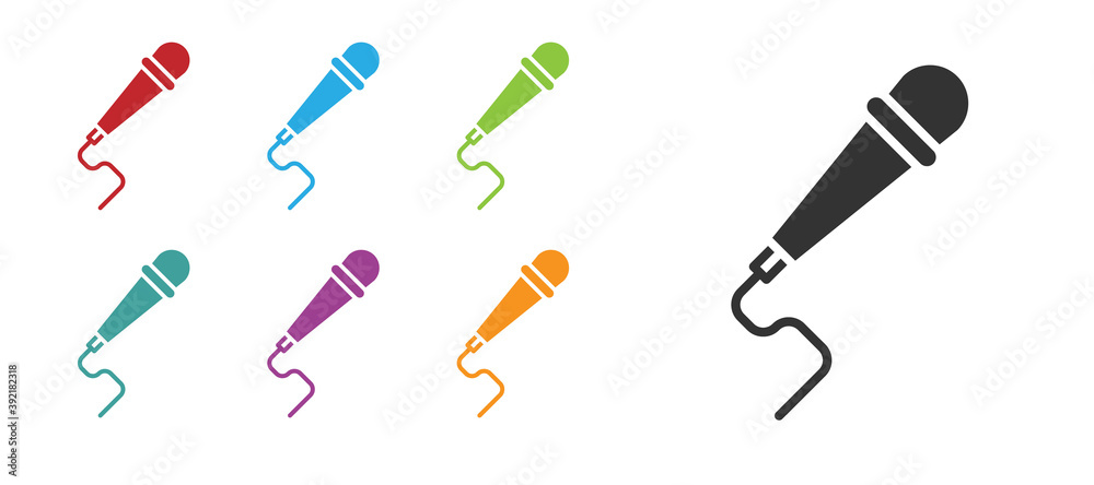 Black Microphone icon isolated on white background. On air radio mic microphone. Speaker sign. Set icons colorful. Vector Illustration. Black Microphone icon isolated on white background. On air radio mic microphone. Speaker sign. Set icons colorful. Vector Illustration.