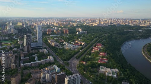 moscow sunset light university district sparrow hills aerial flight over panorama 4k russia