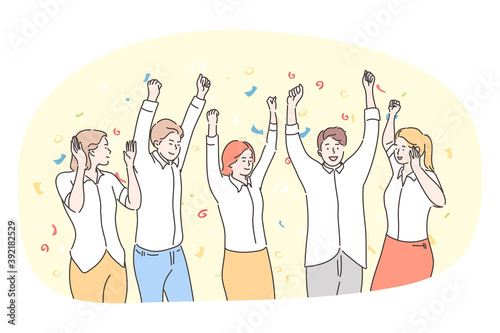 Party, having fun, celebration, holiday concept. Group of happy smiling people friends teens dancing, celebrating holiday and feeling excited with hands raised up together. Fun, win, victory, team