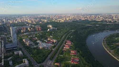 moscow sunset light university district sparrow hills aerial flight over panorama 4k russia