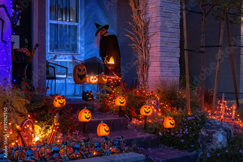 Night view of a house with halloween decoration