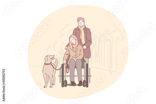 Disabled people on wheelchair living happy active lifestyle concept. Smiling young disabled woman cartoon character in wheelchair walking dog outdoors in park with loving boyfriend behind 