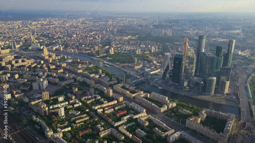sunny sunset moscow modern city river aerial flight over panorama 4k russia sunny sunset moscow modern city river aerial flight over panorama 4k russia