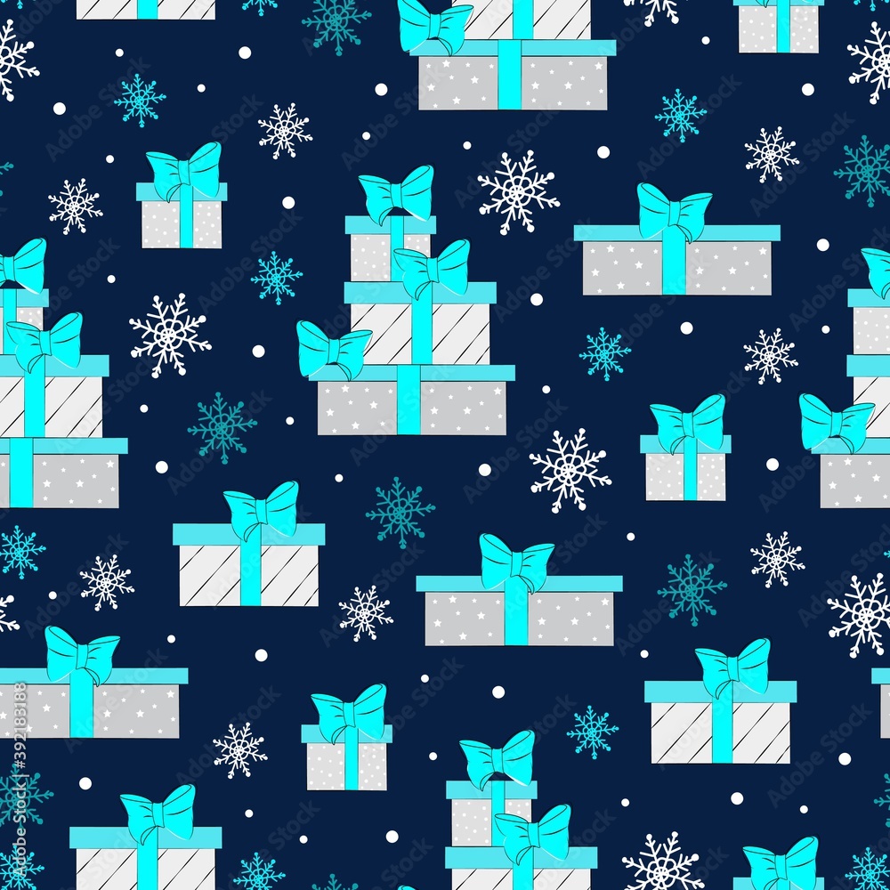 Christmas seamless pattern with gift boxes, colored gift boxes with lush bows, vector illustration, prints for winter holidays.