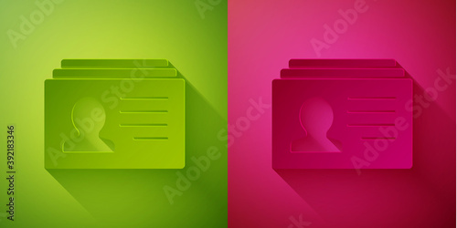Paper cut Resume icon isolated on green and pink background. CV application. Searching professional staff. Analyzing personnel resume. Paper art style. Vector.