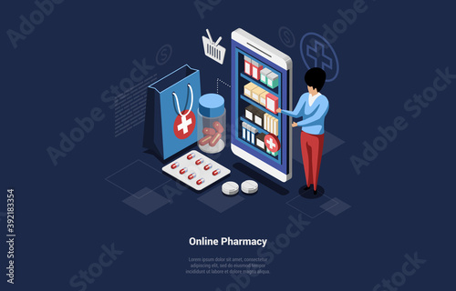 Online Pharmacy Illustration In Cartoon 3D Style. Isometric Vector Composition Of Internet Medication Concept. Character Near Huge Phone With Medical Products On Shelves On Screen. Infographics Around