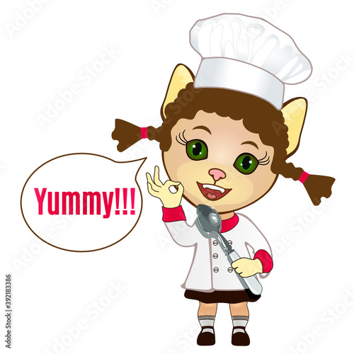 emoticon with gourmet pretty cat girl with pigtails dressed in chef uniform, that standing and holding a spoon in his hand, with great pleasure and showing Italian bellissimo gesture