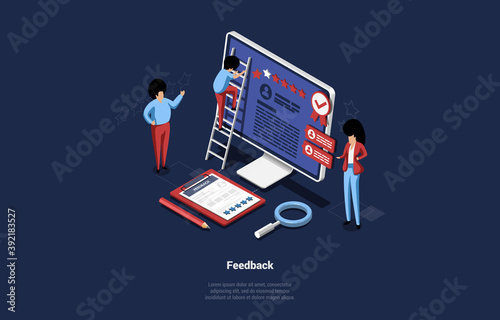 Isometric Vector Illustration Of Online Survey Or Customer Feedback Concept. 3D Composition In Cartoon Style With Tiny Characters And Huge Computer Monitor With Rating And Verification Sign On Screen