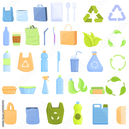 Biodegradable plastic icons set. Cartoon set of biodegradable plastic vector icons for web design
