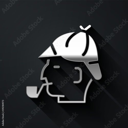 Silver Sherlock Holmes with smoking pipe icon isolated on black background. Detective. Long shadow style. Vector.